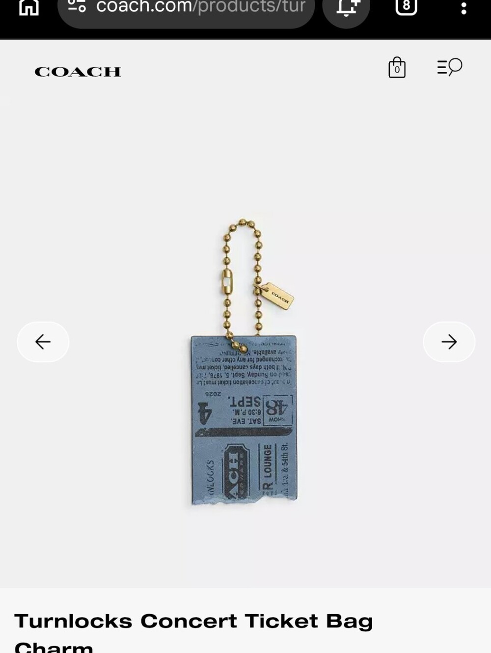 NWT Coach Blue Ticket Concert Bag Charm with Gold Chain